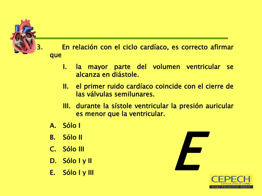 E 3. En relación con el ciclo cardíaco, es correcto afirmar que
