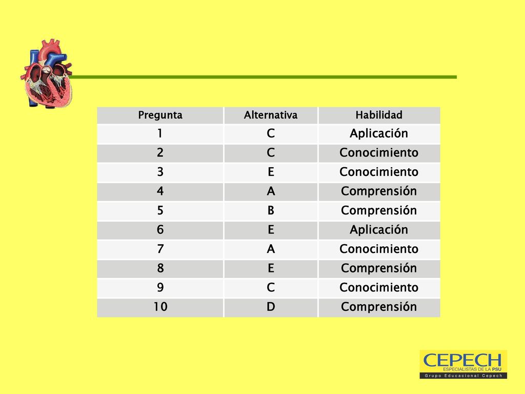 1 C Aplicación 2 Conocimiento 3 E 4 A Comprensión 5 B D