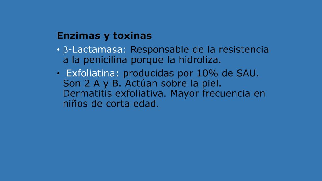 Enzimas y toxinas -Lactamasa: Responsable de la resistencia a la penicilina porque la hidroliza.