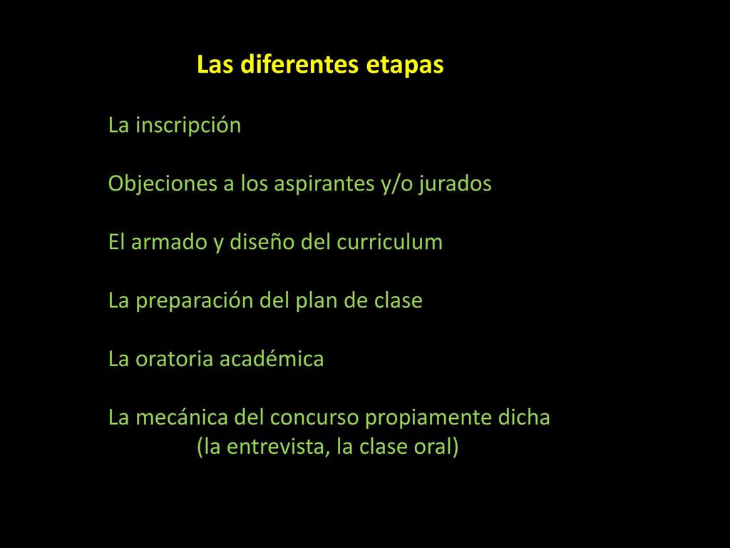 Las diferentes etapas La inscripción Objeciones a los aspirantes y/o jurados El armado y diseño del curriculum La preparación del plan de clase La oratoria académica La mecánica del concurso propiamente dicha (la entrevista, la clase oral)