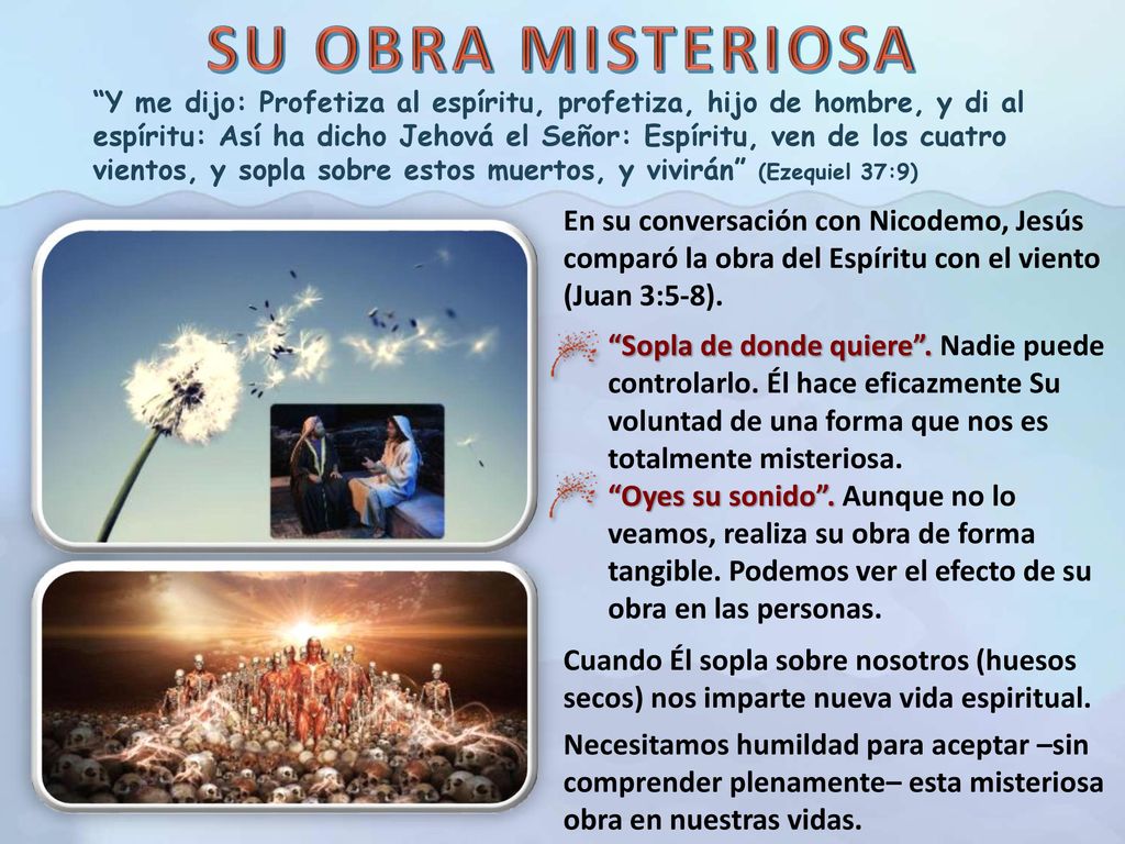 Y me dijo: Profetiza al espíritu, profetiza, hijo de hombre, y di al espíritu: Así ha dicho Jehová el Señor: Espíritu, ven de los cuatro vientos, y sopla sobre estos muertos, y vivirán (Ezequiel 37:9)