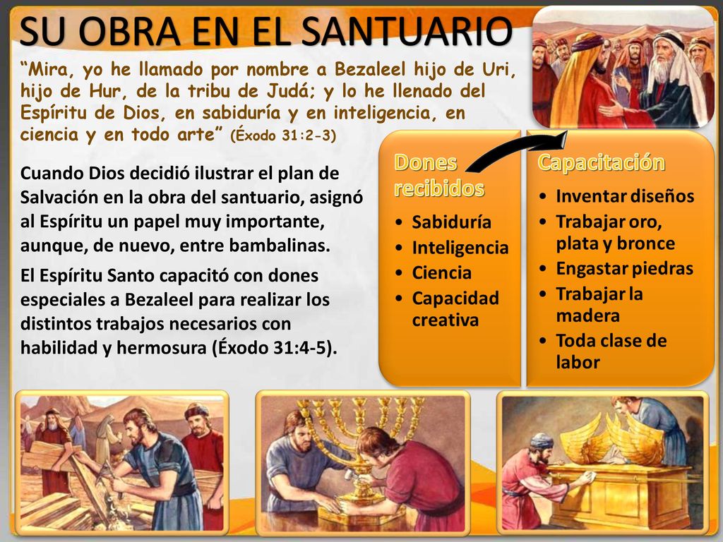 Mira, yo he llamado por nombre a Bezaleel hijo de Uri, hijo de Hur, de la tribu de Judá; y lo he llenado del Espíritu de Dios, en sabiduría y en inteligencia, en ciencia y en todo arte (Éxodo 31:2-3)