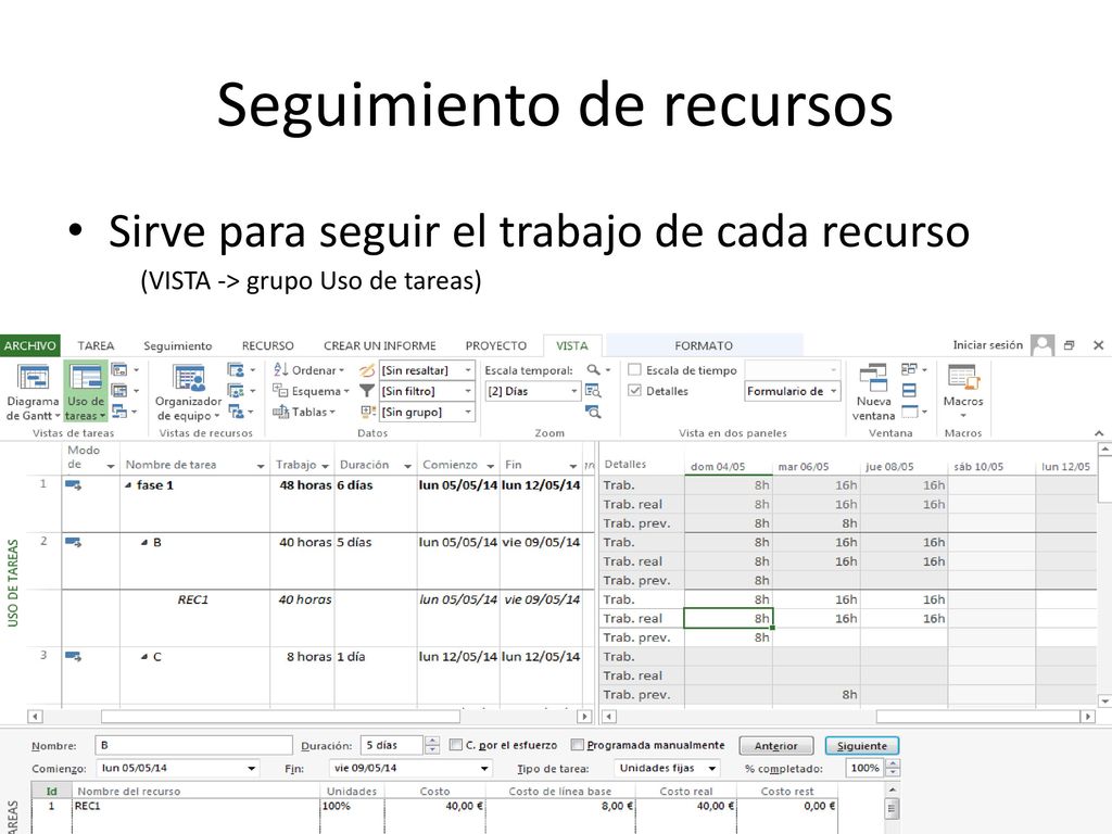 Seguimiento de costos También es posible introducir el costo real de los costos utilizando la columna Real.