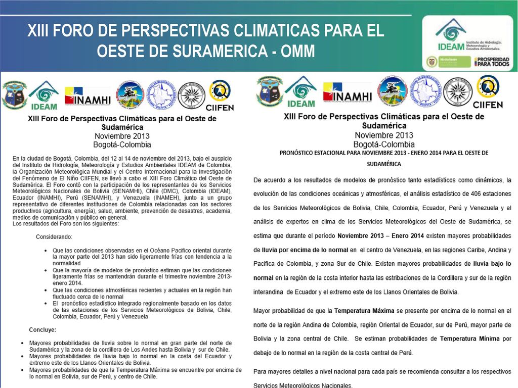 XIII FORO DE PERSPECTIVAS CLIMATICAS PARA EL OESTE DE SURAMERICA - OMM