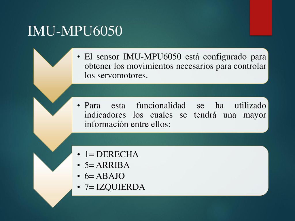 IMU-MPU6050 El sensor IMU-MPU6050 está configurado para obtener los movimientos necesarios para controlar los servomotores.