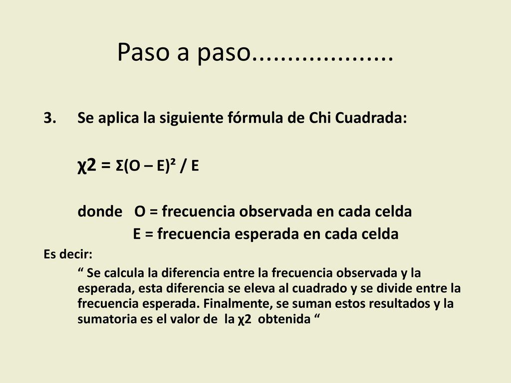 Paso a paso Se aplica la siguiente fórmula de Chi Cuadrada: χ2 = Σ(O – E)² / E.