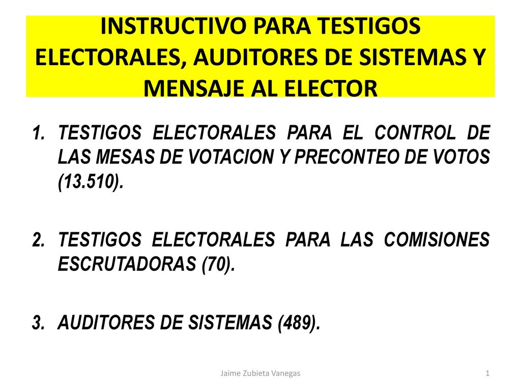 INSTRUCTIVO PARA TESTIGOS ELECTORALES, AUDITORES DE SISTEMAS Y MENSAJE AL ELECTOR