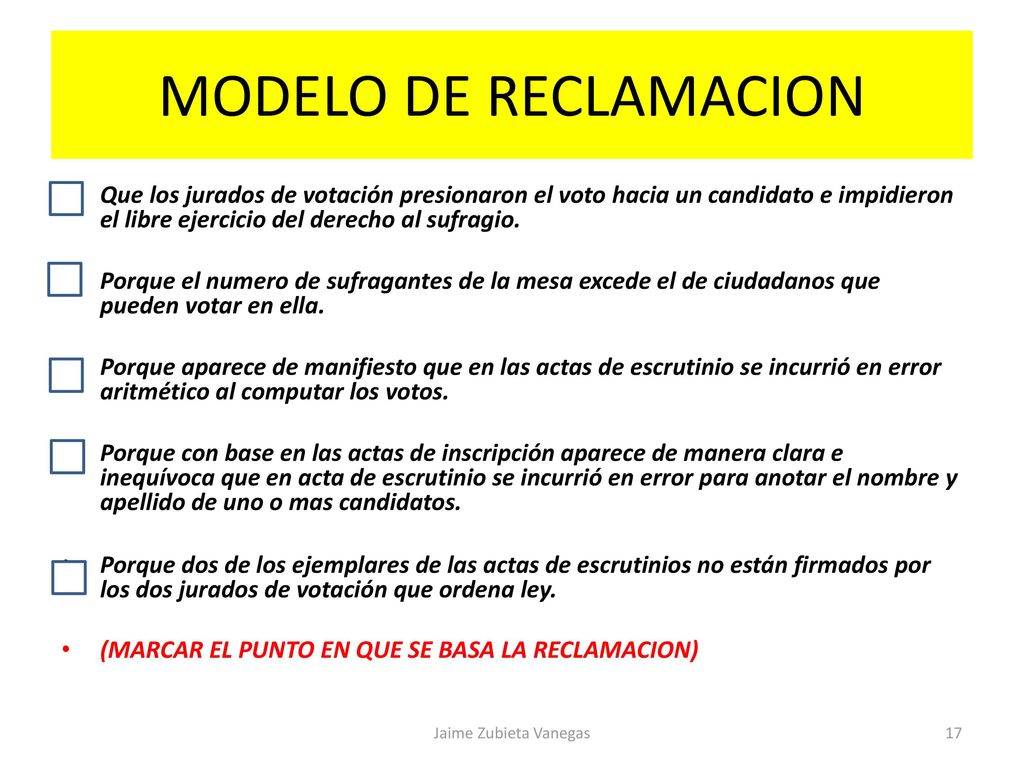 MODELO DE RECLAMACION Que los jurados de votación presionaron el voto hacia un candidato e impidieron el libre ejercicio del derecho al sufragio.
