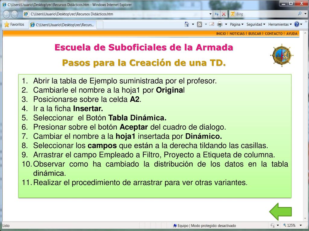 Escuela de Suboficiales de la Armada Pasos para la Creación de una TD.