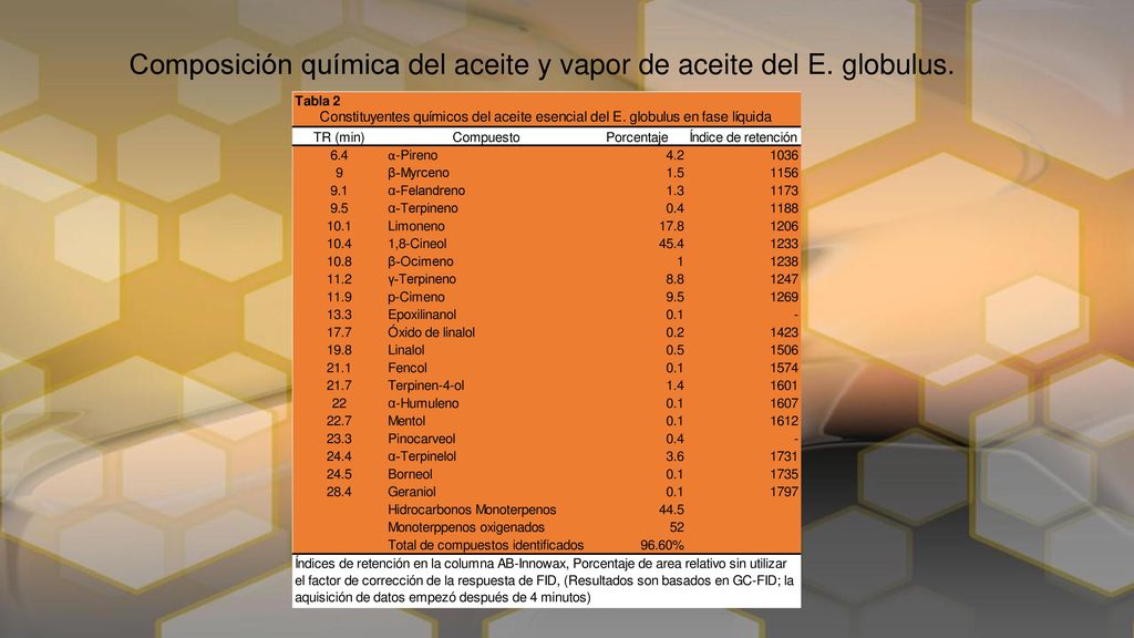 Composición química del aceite y vapor de aceite del E. globulus.