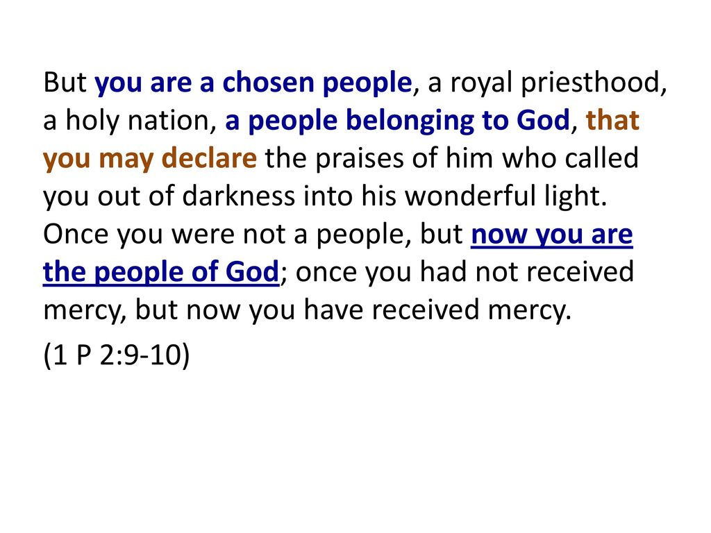 But you are a chosen people, a royal priesthood, a holy nation, a people belonging to God, that you may declare the praises of him who called you out of darkness into his wonderful light.