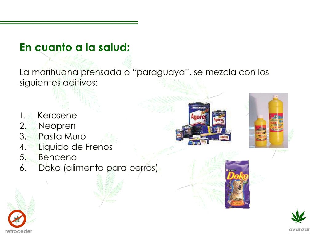 En cuanto a la salud: La marihuana prensada o paraguaya , se mezcla con los siguientes aditivos: Kerosene.