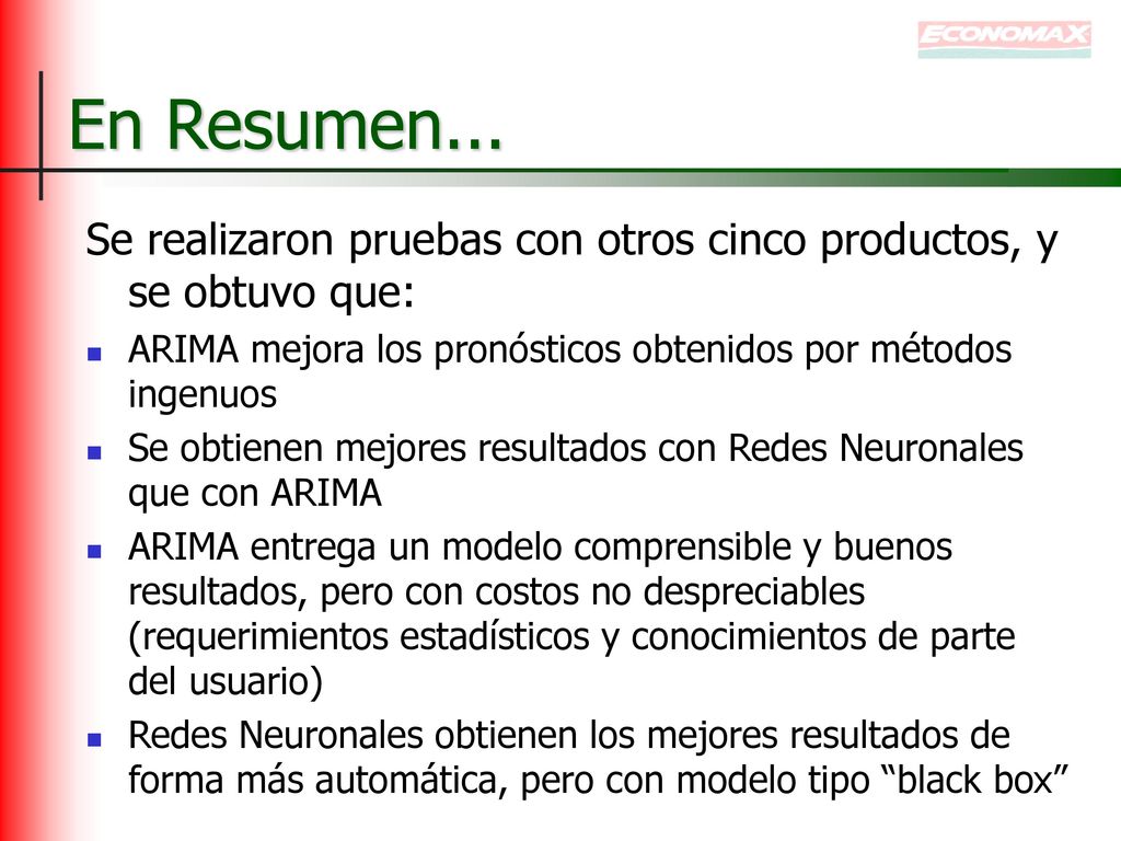 En Resumen... Se realizaron pruebas con otros cinco productos, y se obtuvo que: ARIMA mejora los pronósticos obtenidos por métodos ingenuos.