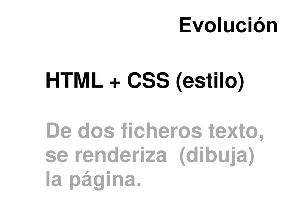 Evolución HTML + CSS (estilo) De dos ficheros texto, se renderiza (dibuja) la página.