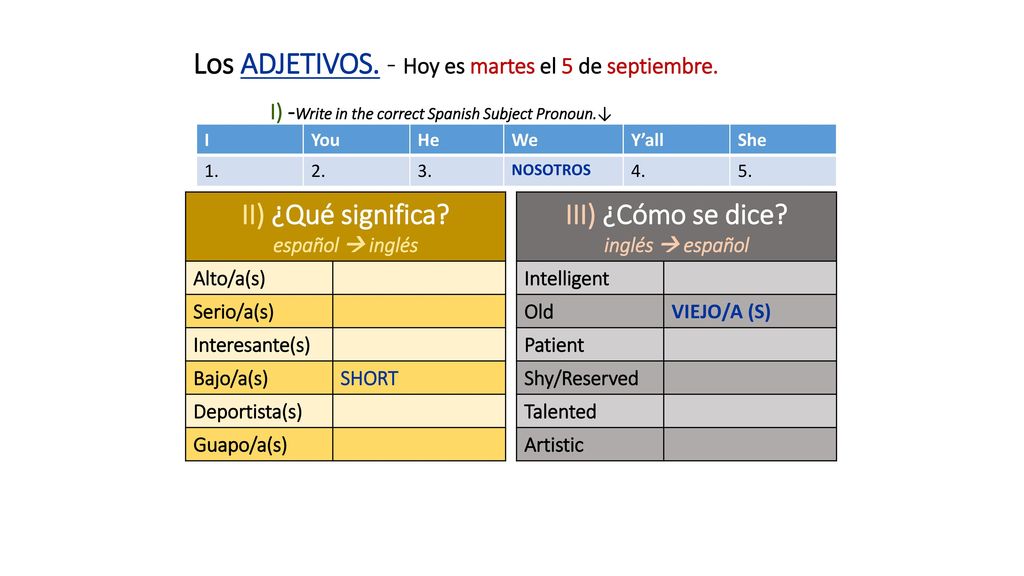 Los ADJETIVOS. - Hoy es martes el 5 de septiembre