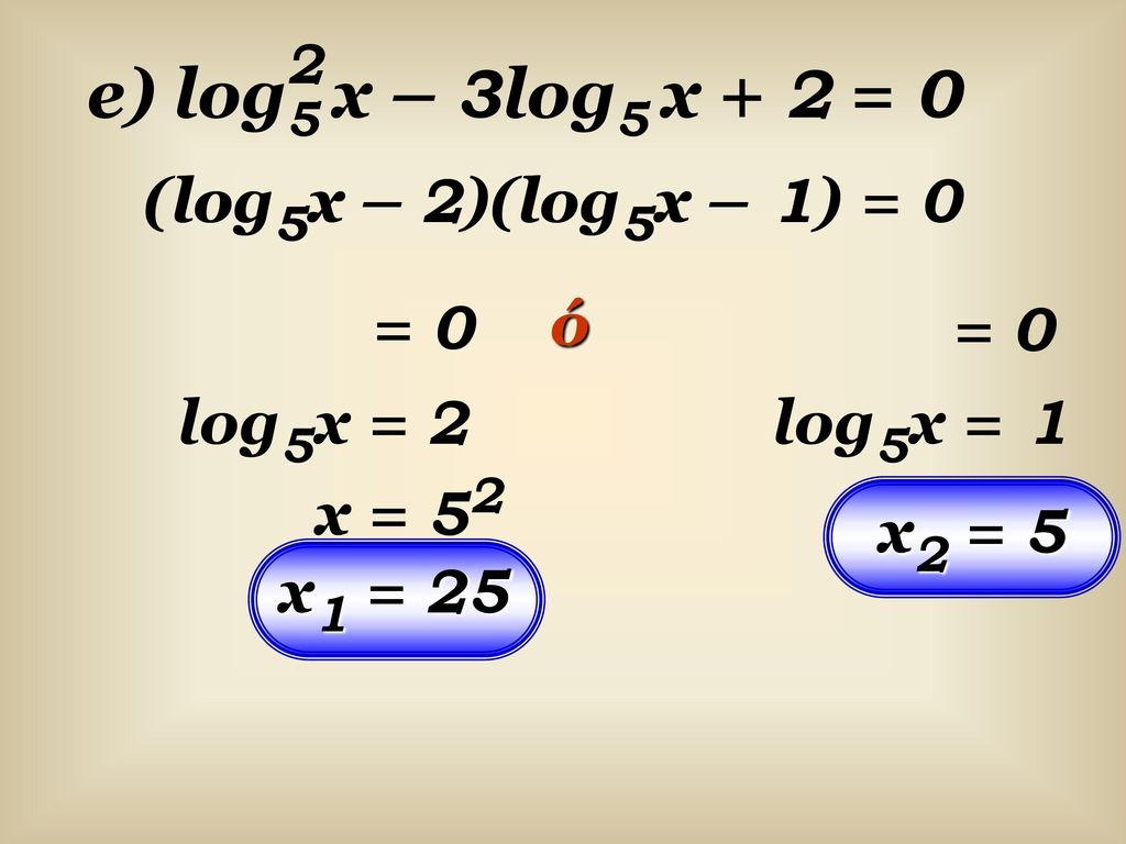 e) log5 x – 3log5 x + 2 = 0 (log5x – 2)(log5x – 1) = 0 log5x – 2