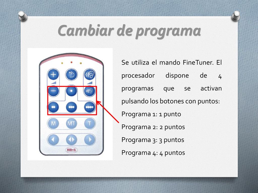 Cambiar de programa Se utiliza el mando FineTuner. El procesador dispone de 4 programas que se activan pulsando los botones con puntos: