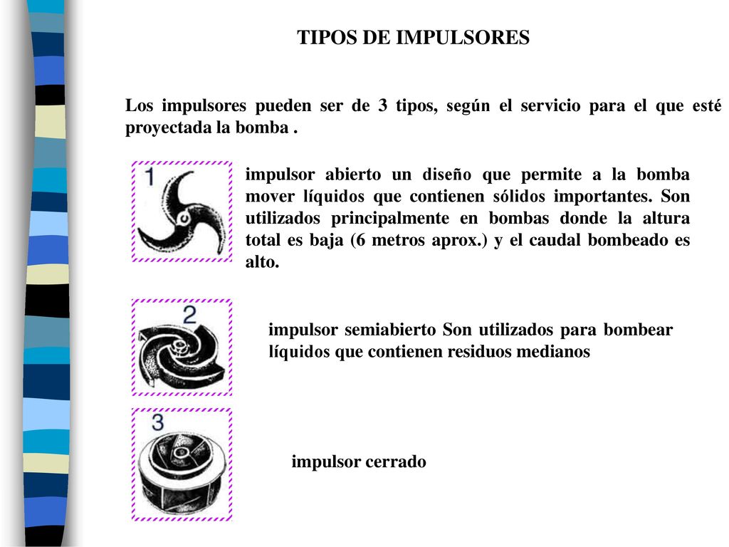 TIPOS DE IMPULSORES Los impulsores pueden ser de 3 tipos, según el servicio para el que esté proyectada la bomba .