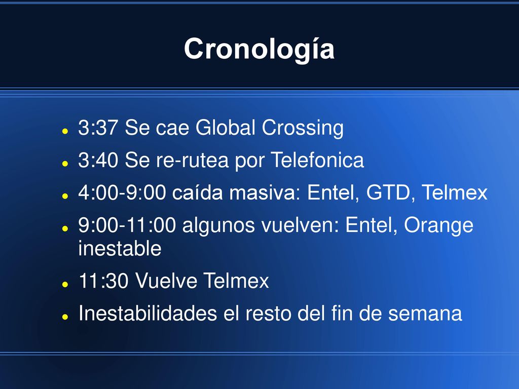 Cronología 3:37 Se cae Global Crossing 3:40 Se re-rutea por Telefonica