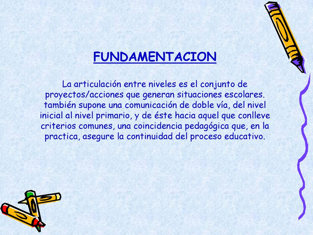 FUNDAMENTACION La articulación entre niveles es el conjunto de proyectos/acciones que generan situaciones escolares.