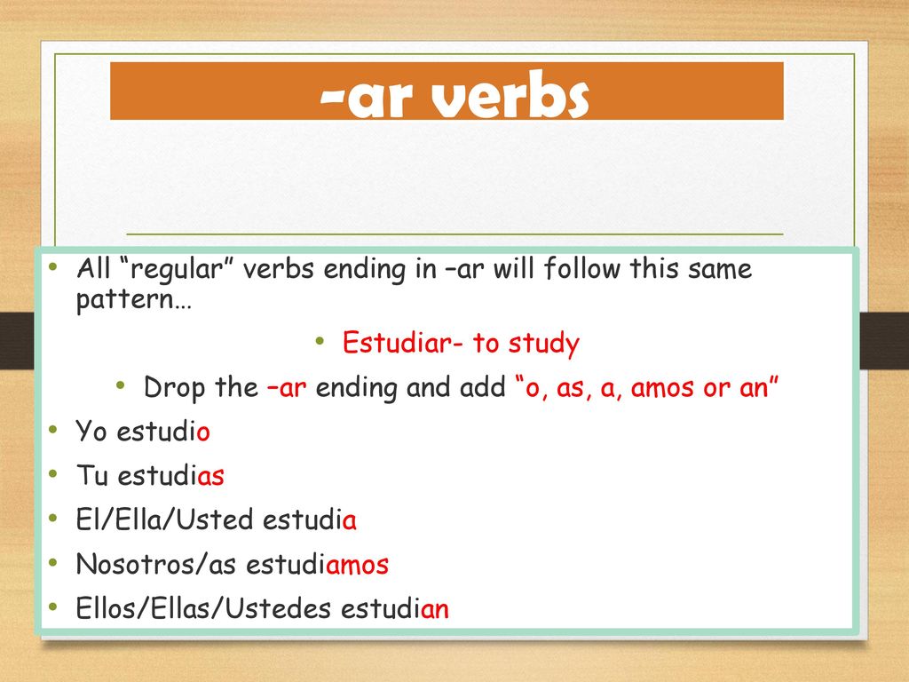 Drop the –ar ending and add o, as, a, amos or an