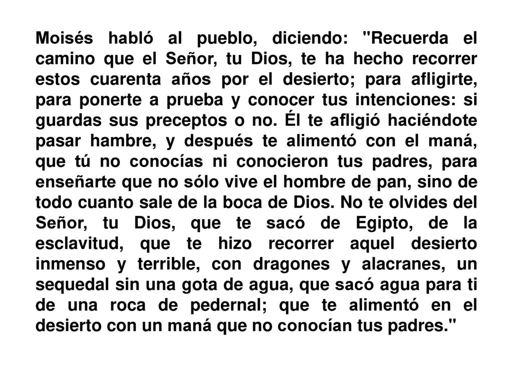 Moisés habló al pueblo, diciendo: Recuerda el camino que el Señor, tu Dios, te ha hecho recorrer estos cuarenta años por el desierto; para afligirte, para ponerte a prueba y conocer tus intenciones: si guardas sus preceptos o no.