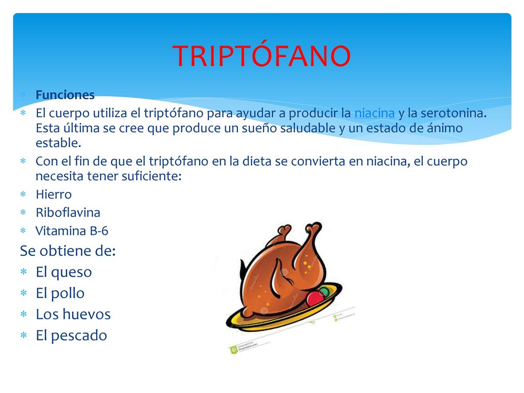 TRIPTÓFANO Se obtiene de: El queso El pollo Los huevos El pescado