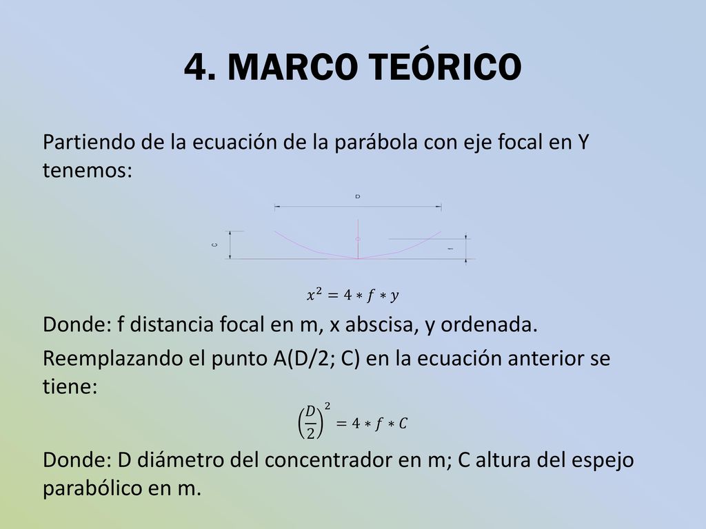 4. MARCO TEÓRICO Partiendo de la ecuación de la parábola con eje focal en Y tenemos: 𝑥 2 =4∗𝑓∗𝑦.