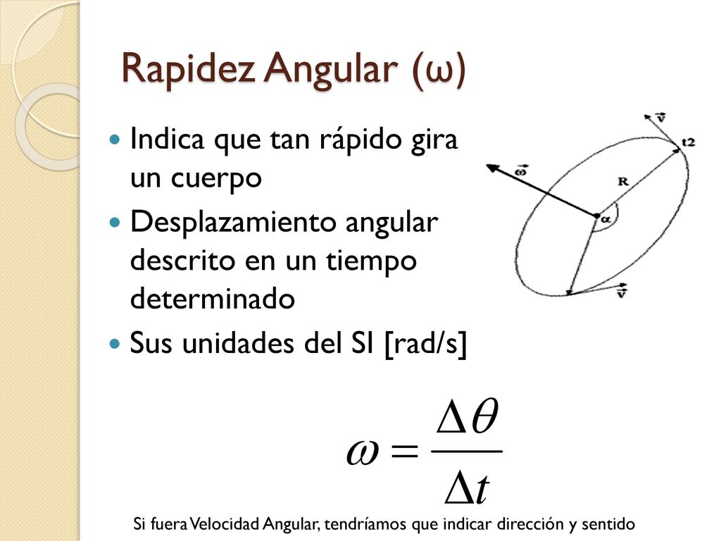 Rapidez Angular (ω) Indica que tan rápido gira un cuerpo