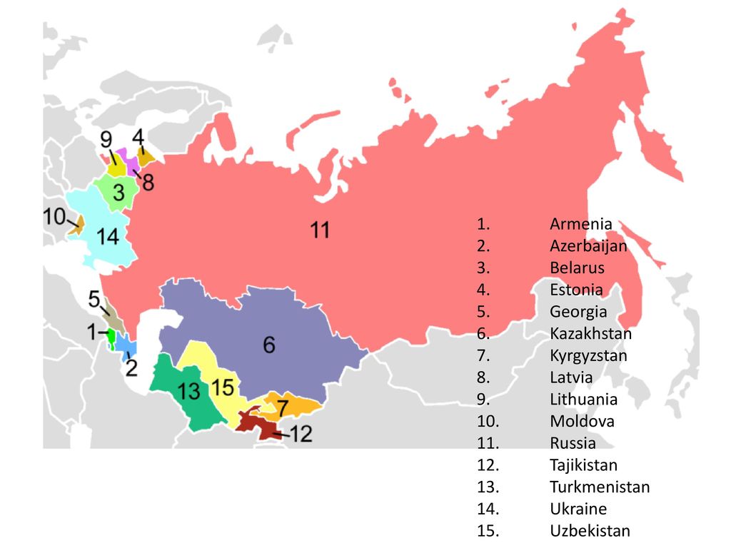 1. Armenia 2. Azerbaijan. 3. Belarus. 4. Estonia. 5. Georgia. 6. Kazakhstan. 7. Kyrgyzstan. 8. Latvia.