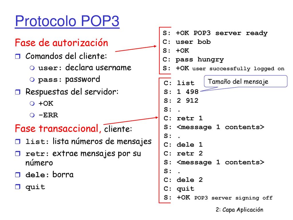 Protocolo POP3 Fase de autorización C: list