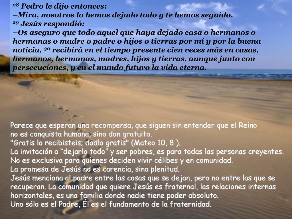 28 Pedro le dijo entonces: –Mira, nosotros lo hemos dejado todo y te hemos seguido.