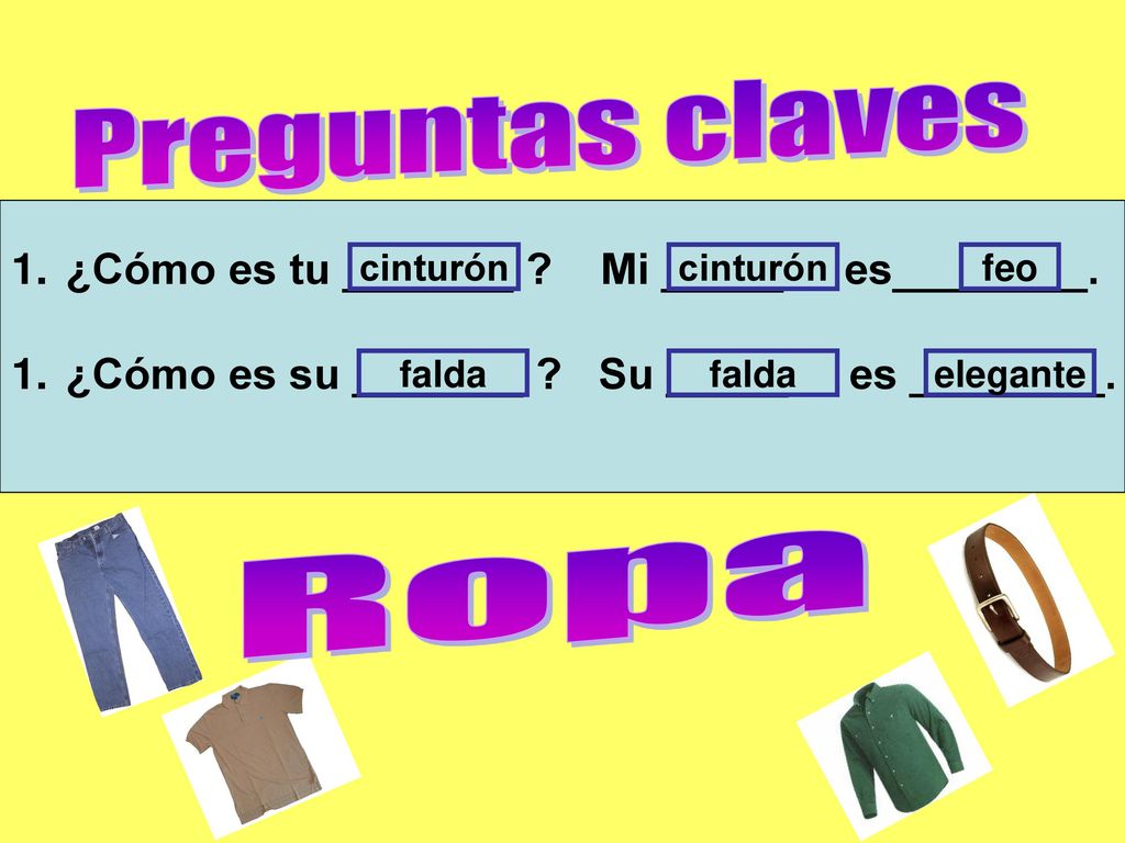 Preguntas claves Ropa ¿Cómo es tu _______ Mi _____ es________.