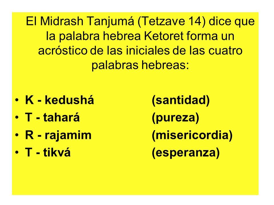 El Midrash Tanjumá (Tetzave 14) dice que la palabra hebrea Ketoret forma un acróstico de las iniciales de las cuatro palabras hebreas:
