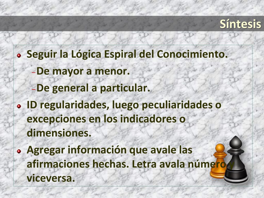 Síntesis Seguir la Lógica Espiral del Conocimiento. De mayor a menor.