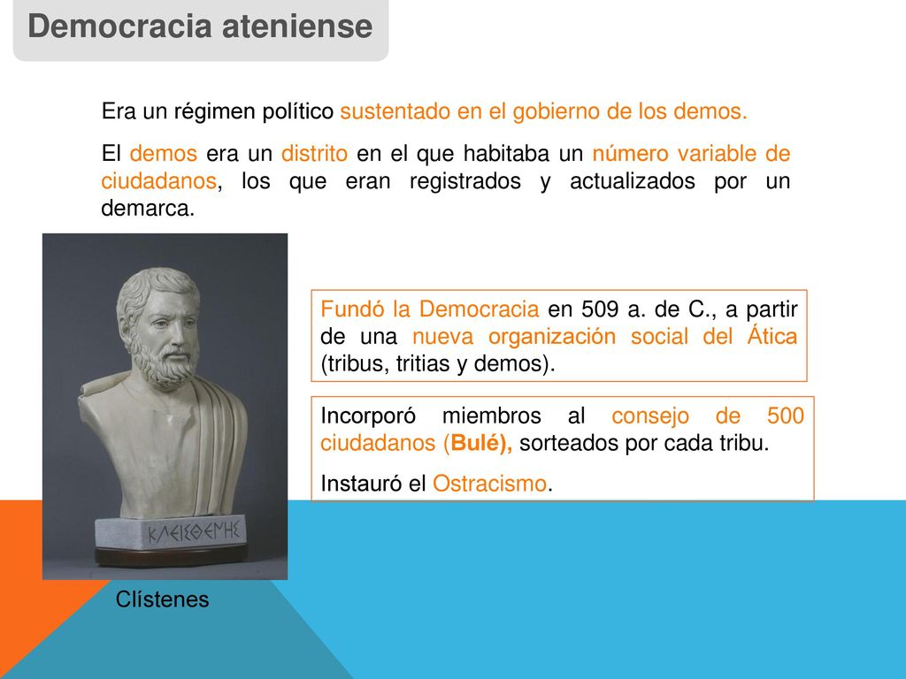 Democracia ateniense Era un régimen político sustentado en el gobierno de los demos.