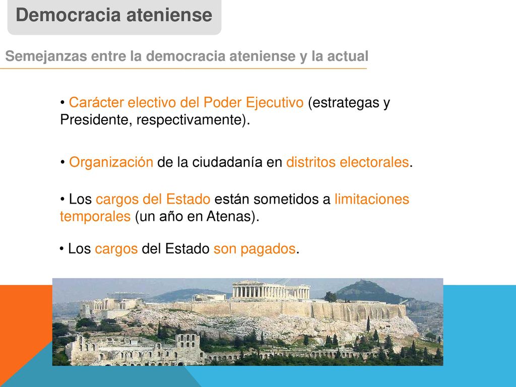Democracia ateniense Semejanzas entre la democracia ateniense y la actual. Carácter electivo del Poder Ejecutivo (estrategas y.