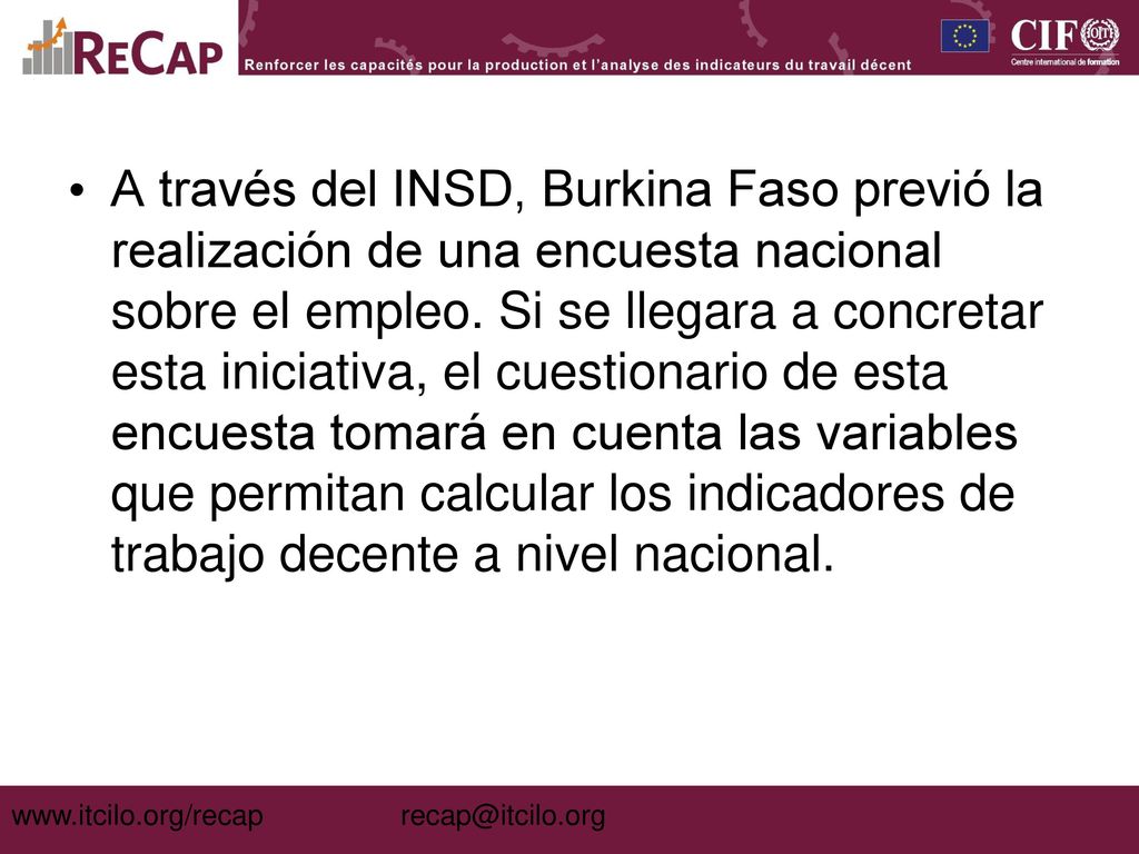 A través del INSD, Burkina Faso previó la realización de una encuesta nacional sobre el empleo. Si se llegara a concretar esta iniciativa, el cuestionario de esta encuesta tomará en cuenta las variables que permitan calcular los indicadores de trabajo decente a nivel nacional.