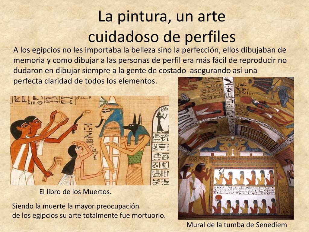 A los egipcios no les importaba la belleza sino la perfección, ellos dibujaban de memoria y como dibujar a las personas de perfil era más fácil de reproducir no dudaron en dibujar siempre a la gente de costado asegurando así una perfecta claridad de todos los elementos.