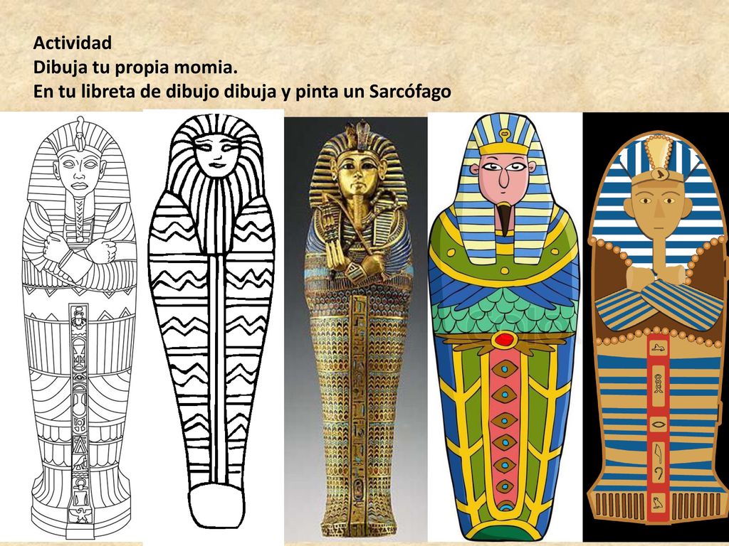 Actividad Dibuja tu propia momia. En tu libreta de dibujo dibuja y pinta un Sarcófago