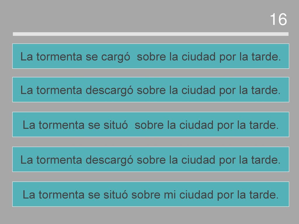16 La tormenta se cargó sobre la ciudad por la tarde.