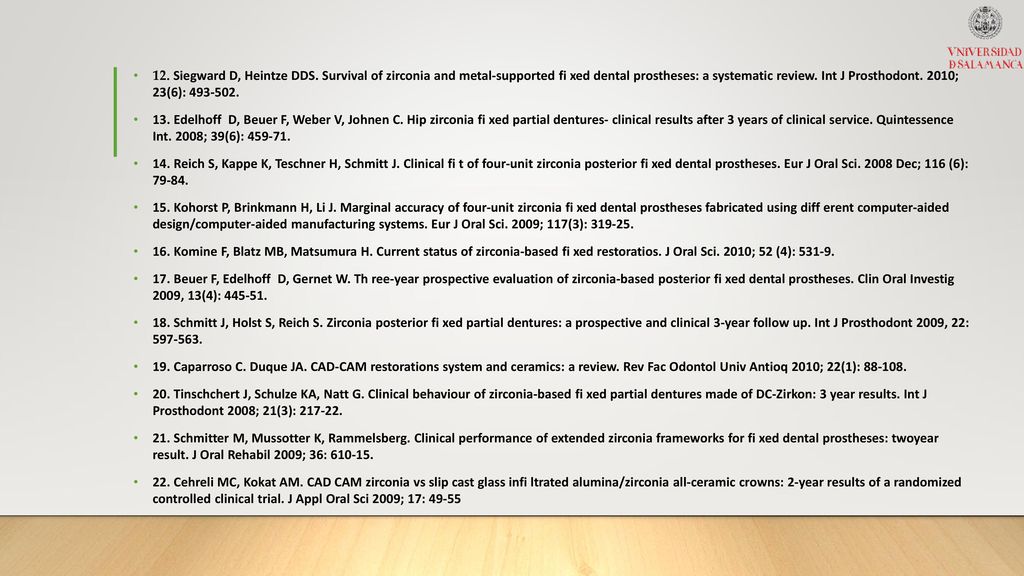12. Siegward D, Heintze DDS. Survival of zirconia and metal-supported fi xed dental prostheses: a systematic review. Int J Prosthodont. 2010; 23(6):