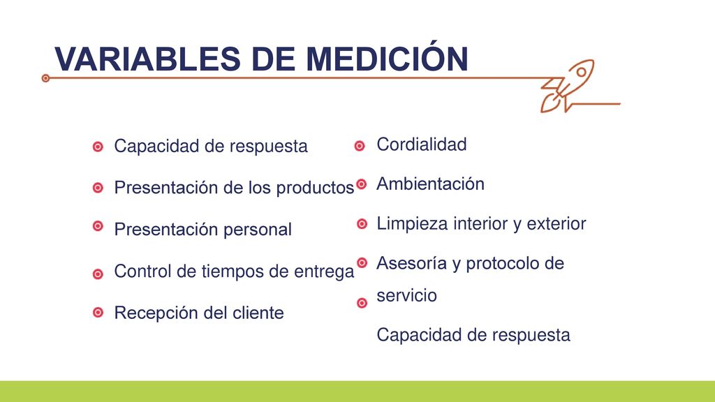 VARIABLES DE MEDICIÓN Capacidad de respuesta Presentación de los productos Presentación personal Control de tiempos de entrega Recepción del cliente