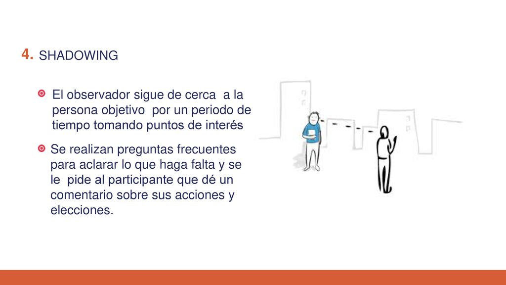 4. SHADOWING. El observador sigue de cerca a la persona objetivo por un periodo de tiempo tomando puntos de interés.