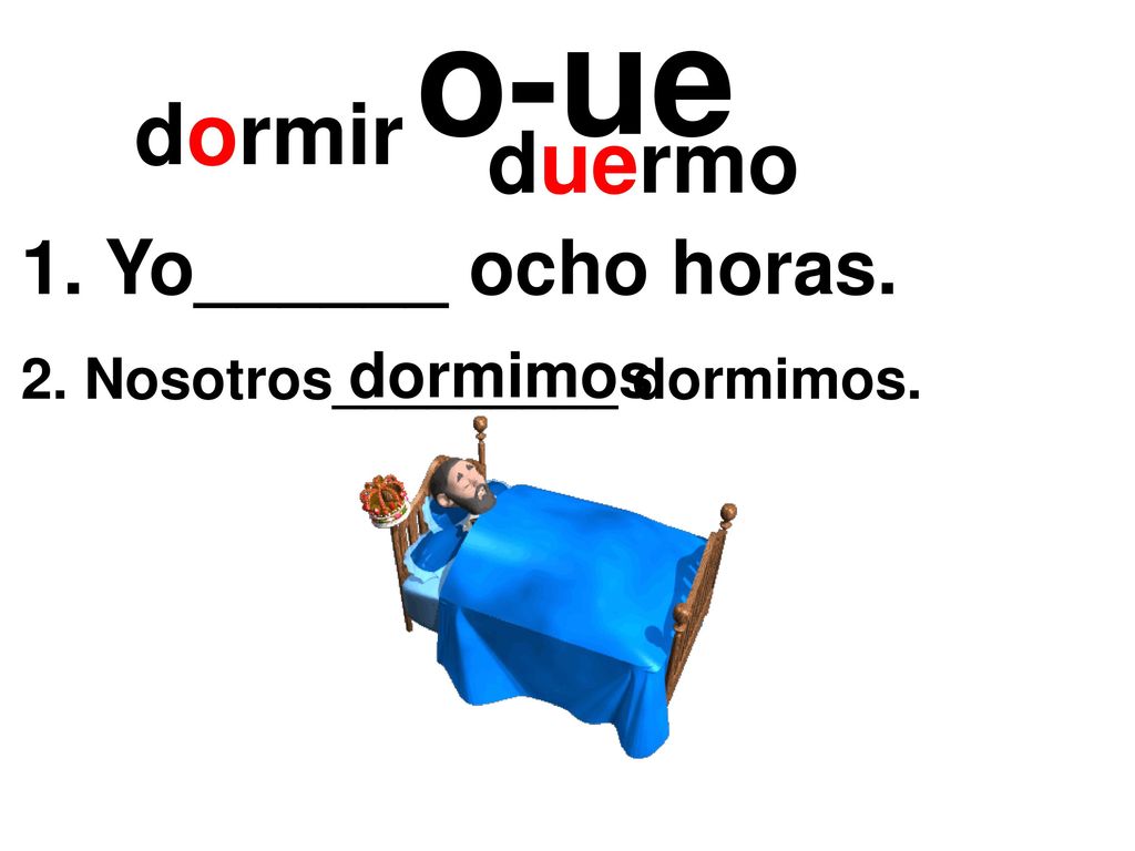 o-ue dormir duermo 1. Yo______ ocho horas. dormimos