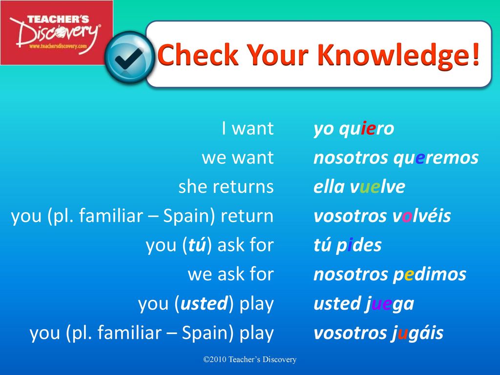 Check Your Knowledge! I want yo quiero we want nosotros queremos