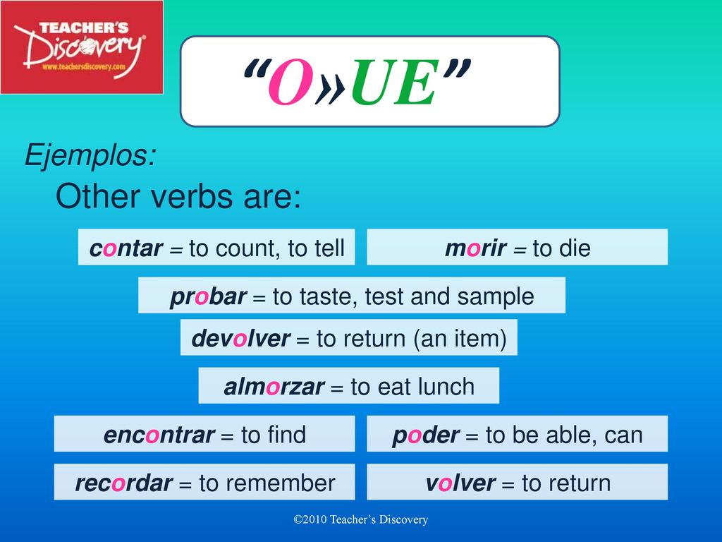 O»UE Ejemplos: Other verbs are: contar = to count, to tell