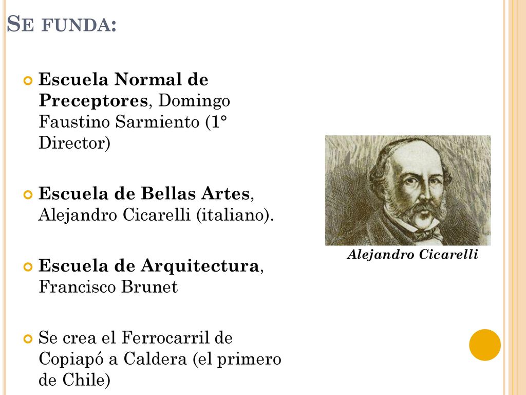 Se funda: Escuela Normal de Preceptores, Domingo Faustino Sarmiento (1° Director) Escuela de Bellas Artes, Alejandro Cicarelli (italiano).