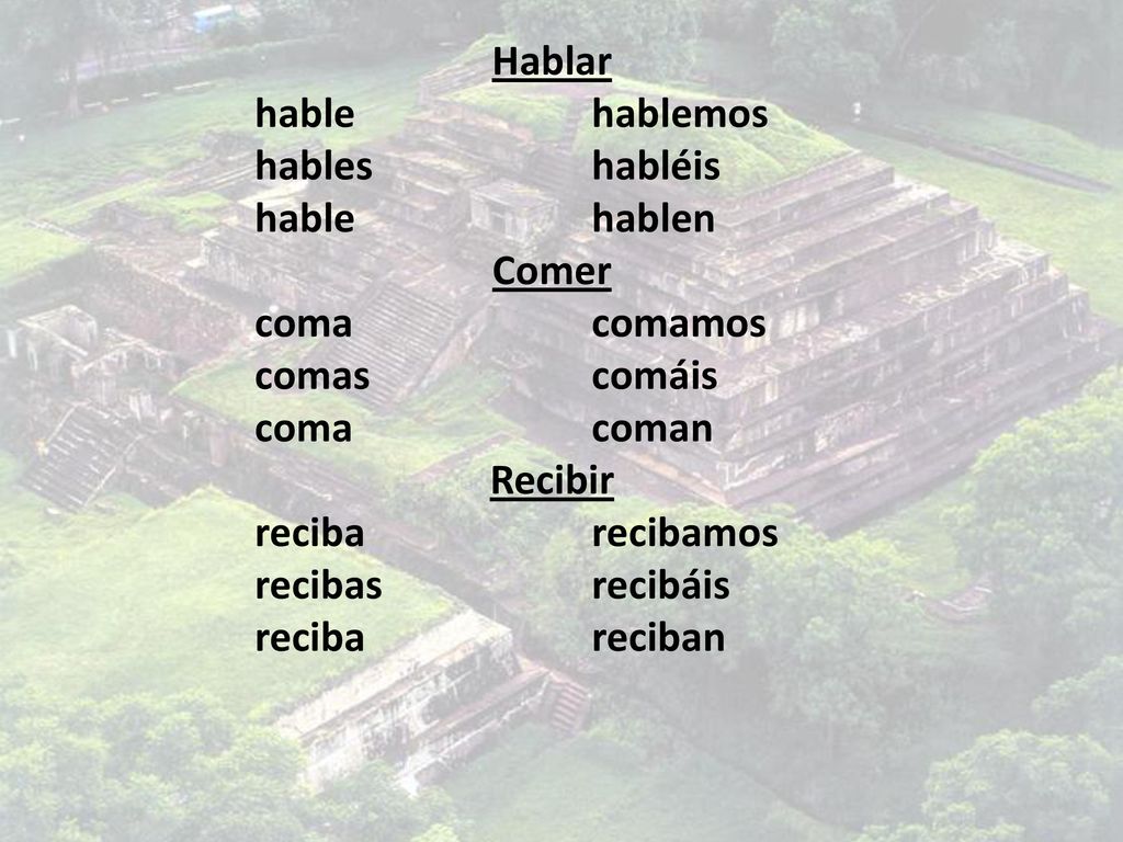Hablar hable hablemos. hables habléis. hable hablen. Comer. coma comamos. comas comáis.