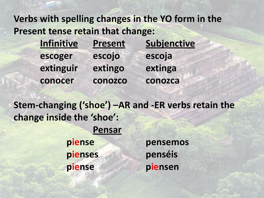 Verbs with spelling changes in the YO form in the Present tense retain that change: